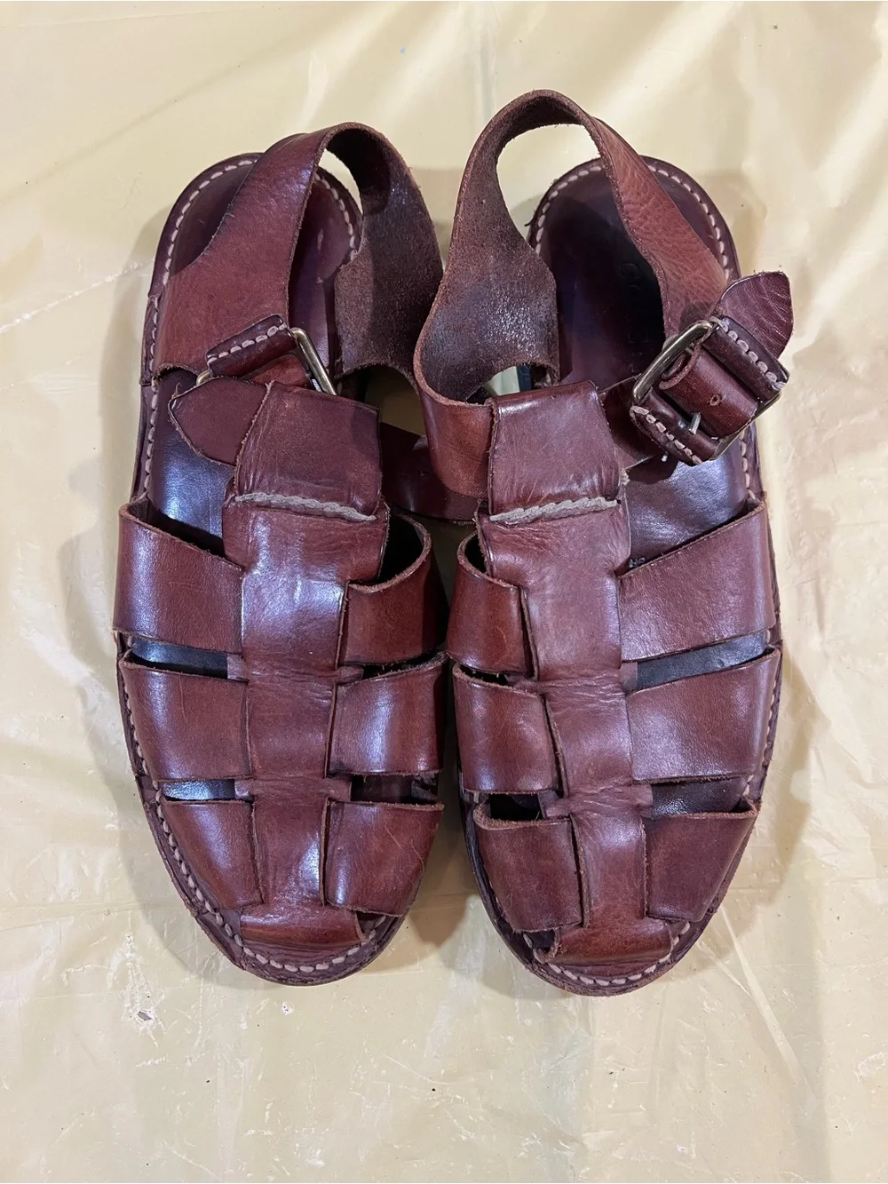 Cole Haan Brown Leather Woven Fisherman Sandals with Buckle A2